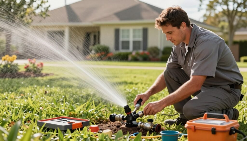 A professional technician dressed in a uniform, performing maintenance on a modern sprinkler system in Gainesville, Florida. In the foreground, the technician checks various sprinkler heads and connections, with tools and maintenance equipment organized neatly nearby. In the middle ground, a lush green lawn and flowering plants showcase the results of a well-maintained landscape, while a typical Gainesville residential home serves as the background. The image is illuminated by warm, soft natural lighting, capturing the essence of a sunny day. The angle is slightly elevated, presenting a clear view of the technician's focused expression and the intricate details of the sprinkler system components. The atmosphere is one of diligence and care, highlighting the importance of preventive maintenance in ensuring an efficient sprinkler zone.