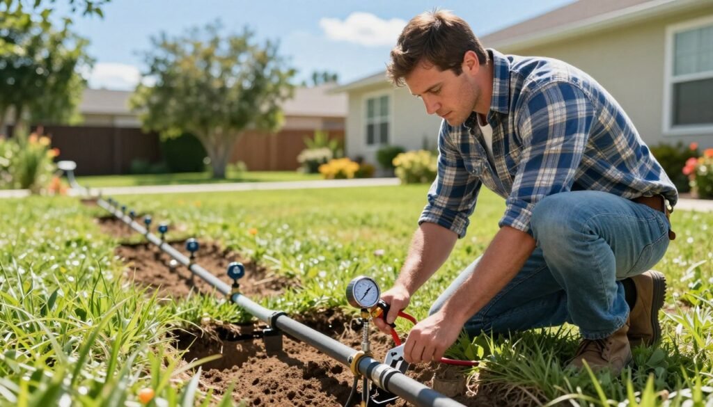 An experienced technician in a plaid shirt and jeans examines a section of an underground irrigation system in a residential yard. In the foreground, the technician is kneeling beside a small open trench, inspecting a sprinkler pipe with a wrench and a pressure gauge. The middle ground shows neatly arranged sprinkler heads, while the background reveals lush, green grass and a few flowering plants under a bright, clear blue sky, indicating a sunny day in Gainesville, FL. Natural lighting illuminates the scene, creating a vibrant and professional atmosphere. The camera angle is slightly elevated, offering a clear view of both the technician's focused expression and the intricate details of the irrigation system, emphasizing the importance of proper maintenance to prevent future leaks. An experienced technician in a plaid shirt and jeans examines a section of an underground irrigation system in a residential yard. In the foreground, the technician is kneeling beside a small open trench, inspecting a sprinkler pipe with a wrench and a pressure gauge. The middle ground shows neatly arranged sprinkler heads, while the background reveals lush, green grass and a few flowering plants under a bright, clear blue sky, indicating a sunny day in Gainesville, FL. Natural lighting illuminates the scene, creating a vibrant and professional atmosphere. The camera angle is slightly elevated, offering a clear view of both the technician's focused expression and the intricate details of the irrigation system, emphasizing the importance of proper maintenance to prevent future leaks.